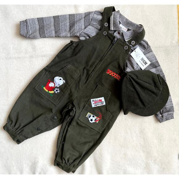 Vintage 90s MGM Kid's Fashion 3-Piece Overalls Set Boys 24M Corduroy Soccer Bear - Picture 1 of 10
